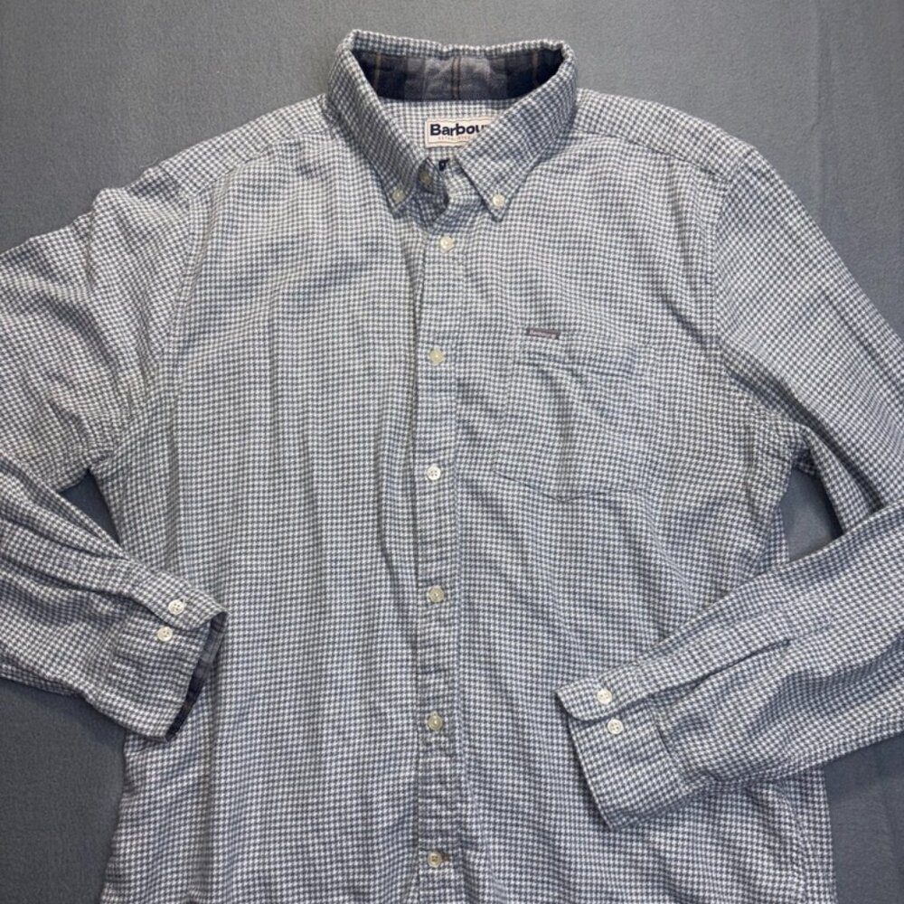 Men's Barbour Gray Houndstooth Plaid Collared Long Sleeve Button Shirt - size L